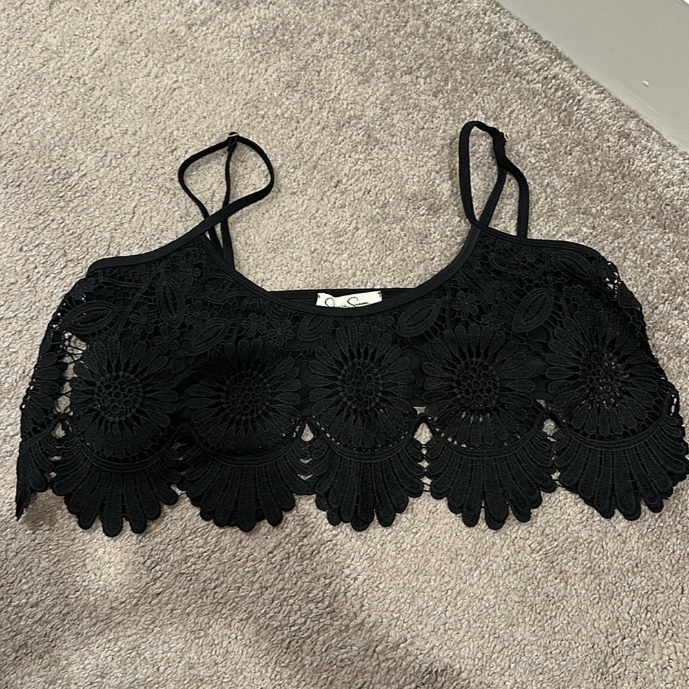 Jessica Simpson black lace crocheted bathing suit top.